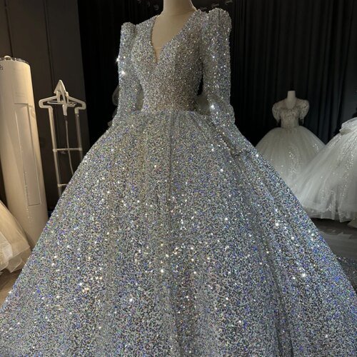 Jancember Sequins V-neck Full Sleeves Puff Sleeves Chapel Train Lace Up Button Novelty Bride Dresses Wedding Robe Mariage XS011