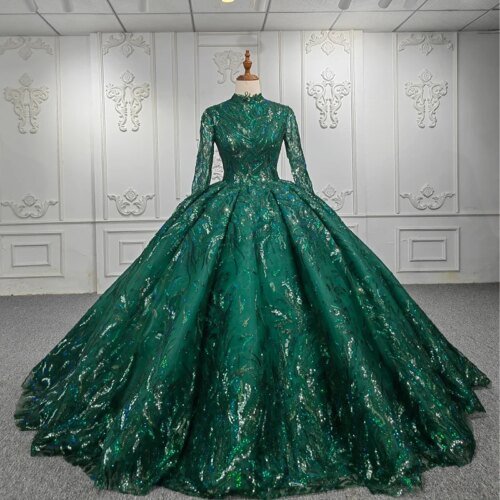 Classic Long Wedding Guest Dress Organza Ball Gown High Neck Long One-Piece Dress Gown Sequined Ribbons DY1108 Gece Elbiseleri