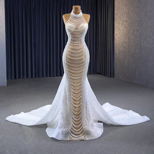 Sexy Bride Dresses Wedding Organza Mermaid High Neck White dress Beading Pearls RSM231033 Vestido De Novias 2023