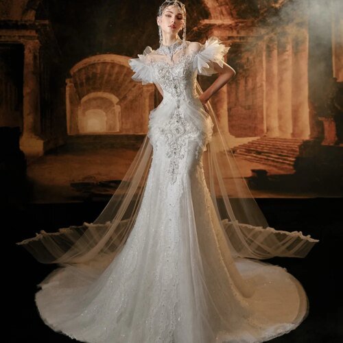 Jancember Exquisite Luxury Wedding Dress 2024 Mermaid High Neck Short Sleeves Watteau Train Beading Lace Robe De Mariée LSMX001