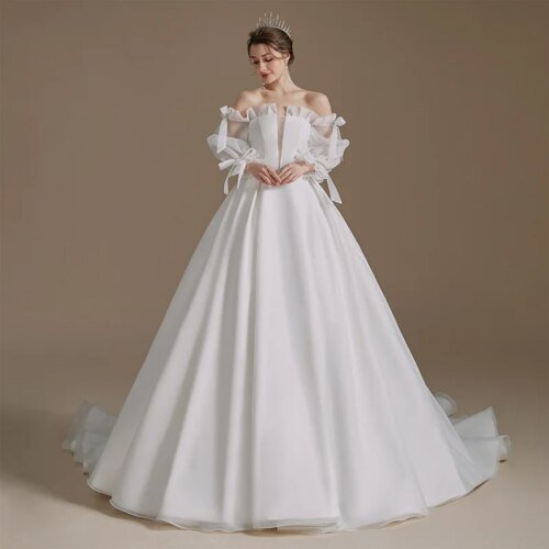 Bow Rustic Wedding Dress Fullsleeve Wedding Dresses For Satin Civil Wedding Brush Train Dress Wedding Women robe mariage QD06103