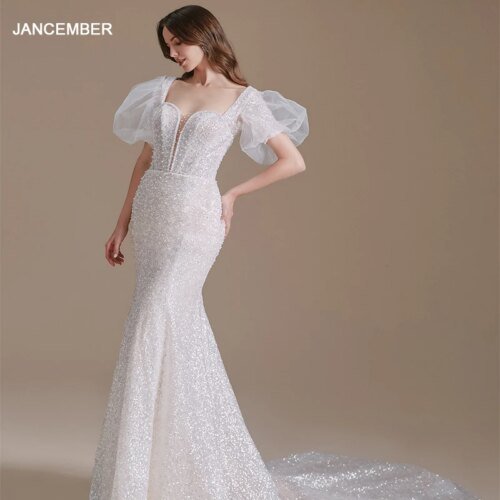 QW01222 Beading Sequined Civil Bride Dress Shortsleeve Wedding Dresses Lace Up Mermaid Wedding Cocktail Dress robe soiree femme